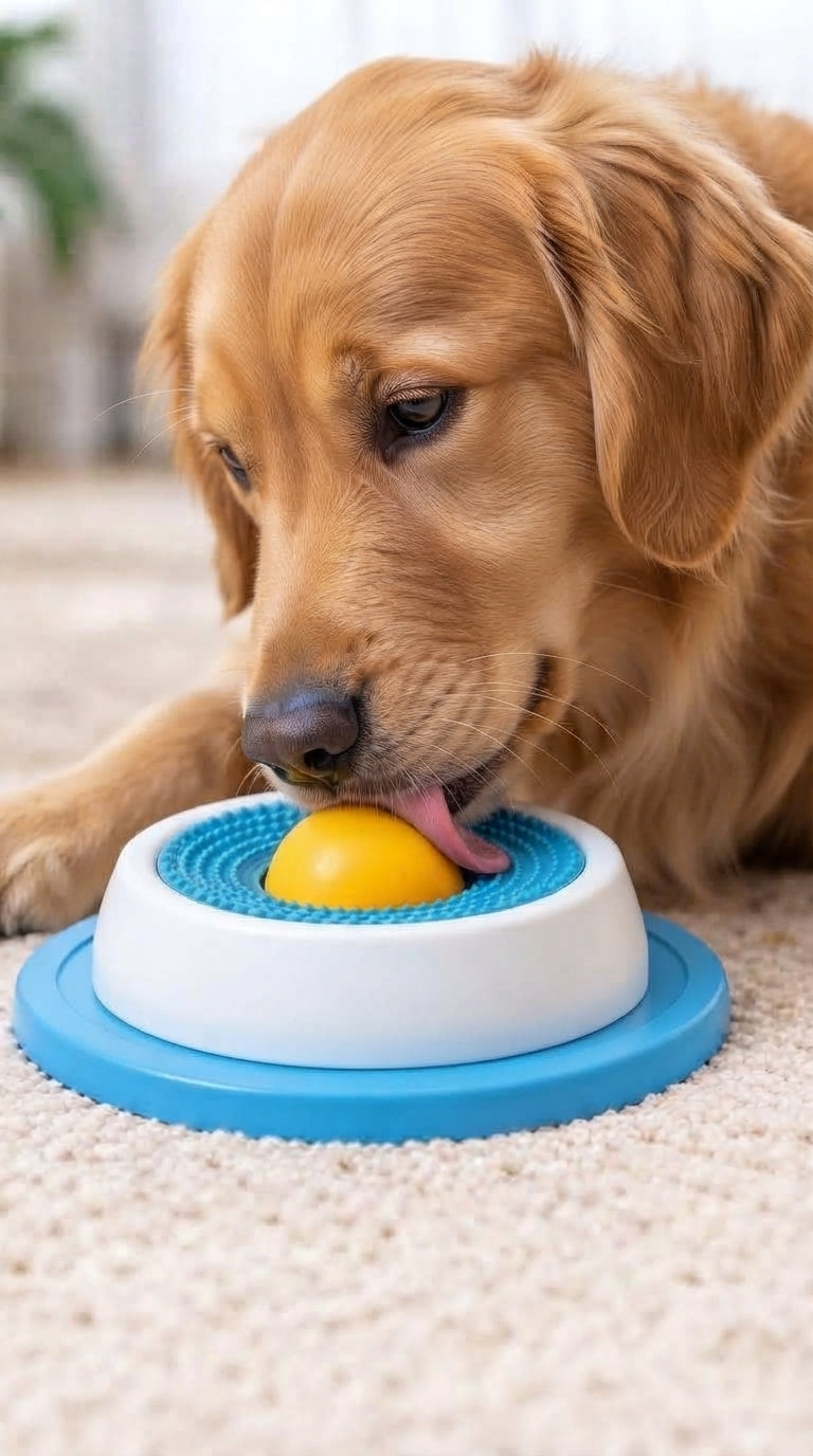 Golden retriever licking the yellow ball in PawBall