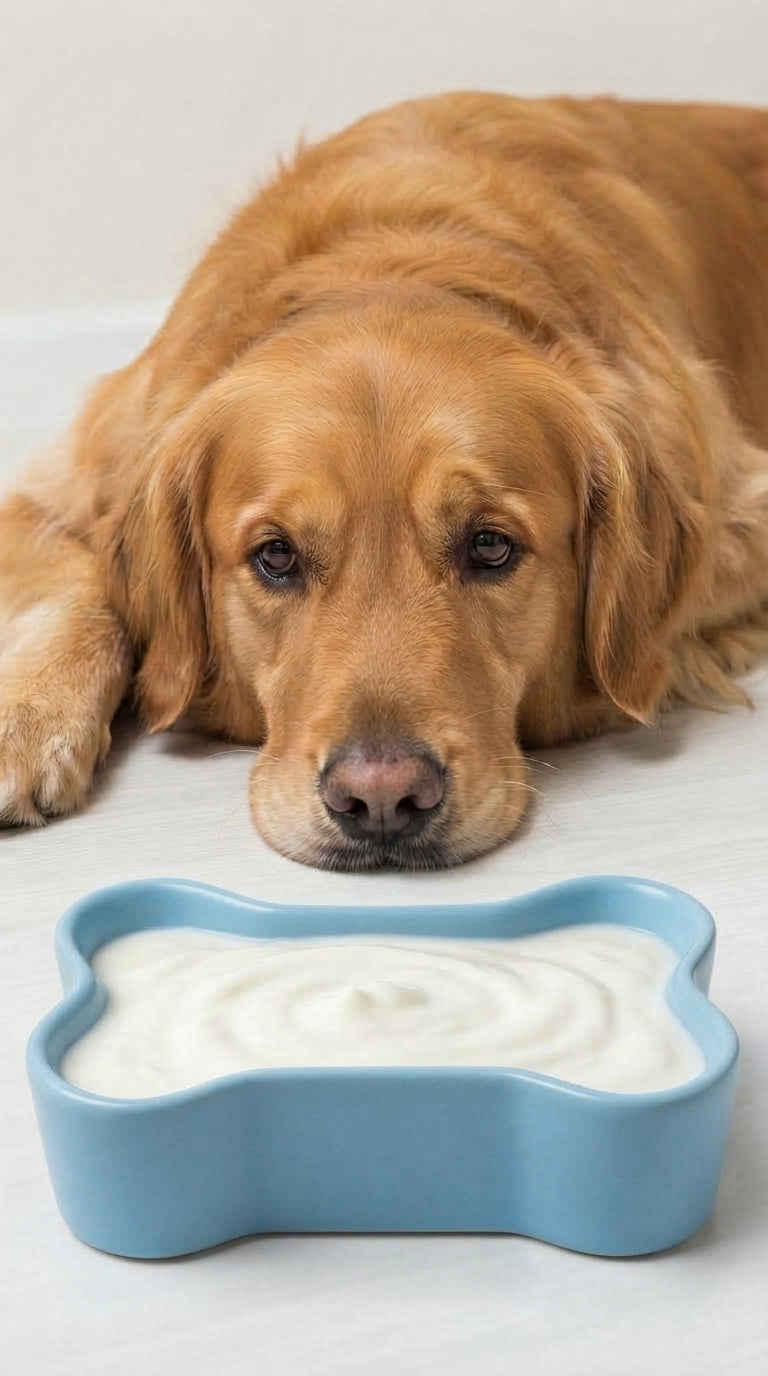 Golden retriever watching a treat in a blue bowl
